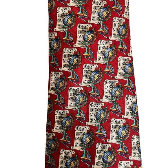 The Metropolitan Museum of Art Sheet Music World Globe Print Silk Red Neck Tie - Picture 4 of 7